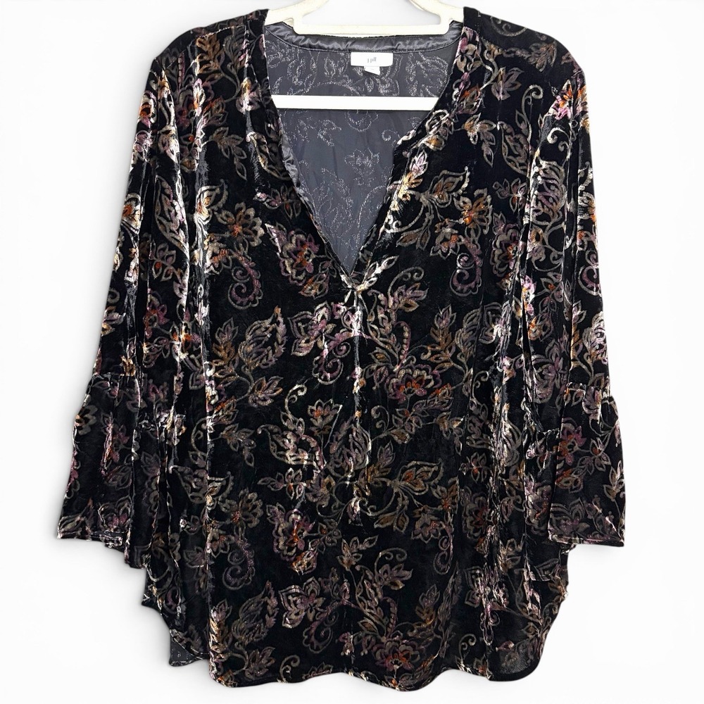 J Jill Top‎ Womens 2X Black Paisley Velvet V Neck Festive Party Holiday Whimsy
